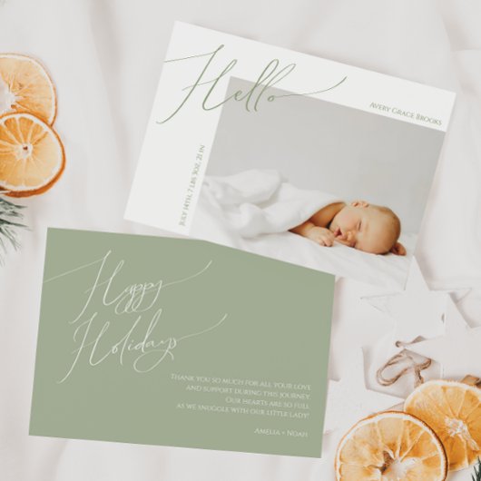 セージお洒落グリーンサンキューハッピーホリデーズベビー 案内状