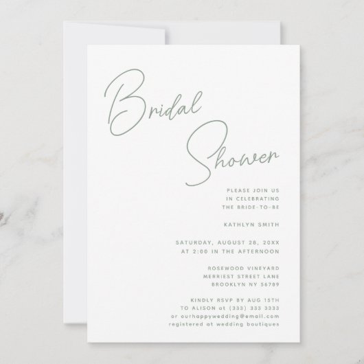 セージお洒落グリーンスクリプトシックブライダルシャワー 招待状 (正面)