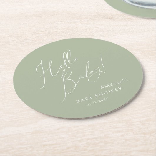 セージお洒落グリーンハローベビー ラウンドペーパーコースター (アングル)
