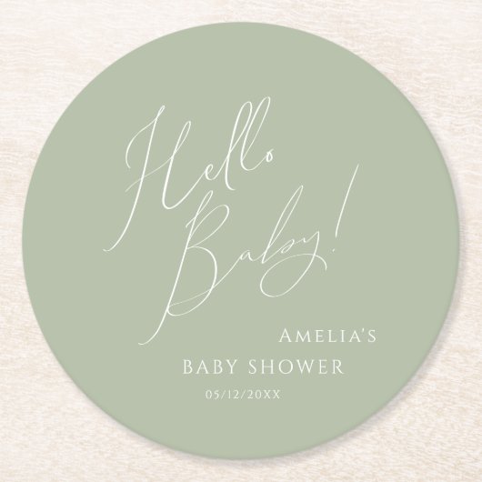 セージお洒落グリーンハローベビー ラウンドペーパーコースター (正面)