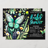 セージお洒落グリーンバタフライベビーシャワー 招待状 (正面/裏面)
