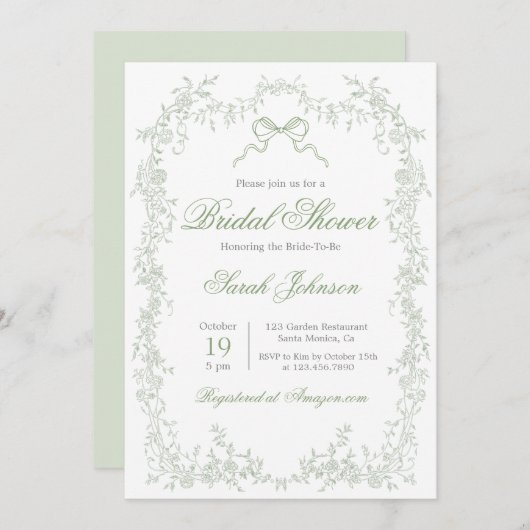 セージお洒落グリーンブライダルシャワー 招待状 (正面/裏面)