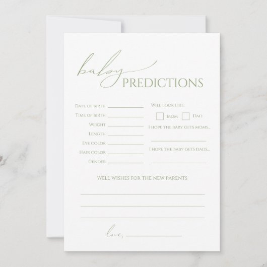 セージお洒落グリーン赤ちゃんシャワー予測カード 招待状 (正面)