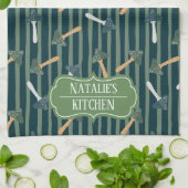 セージかわいらしグリーンモノグラムのキノコのレトロ キッチンタオル (折り畳み)