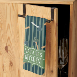 セージかわいらしグリーンモノグラムのキノコのレトロ キッチンタオル