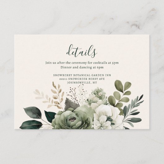 セージとアイボリーエレガントフローラグ結婚レリー エンクロージャーカード (正面)