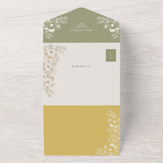 セージとイエローフローラ春の結婚式 オールインワン招待状 (外側)