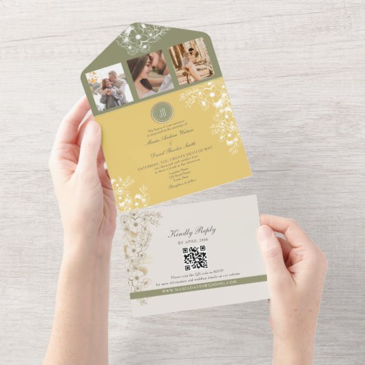 セージとイエローフローラ春の結婚式 オールインワン招待状 (貼ってはがせる)
