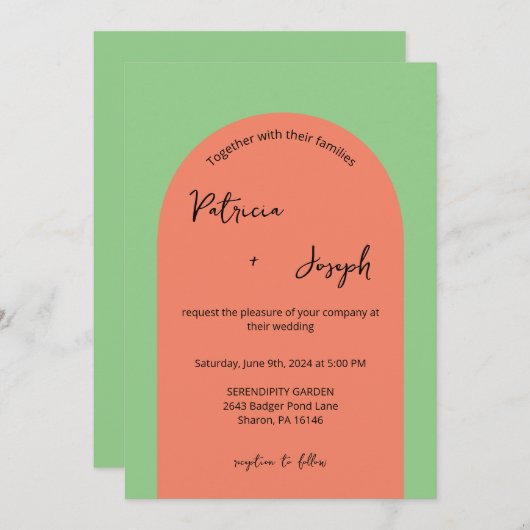 セージとサーモンモダン結婚式招待状 招待状 (正面/裏面)