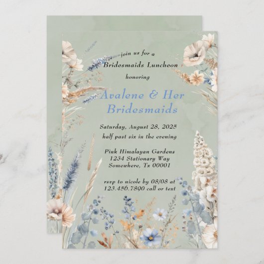 セージとダスティーブルーブルフローラブリデスメイドランチョン 招待状 (正面/裏面)