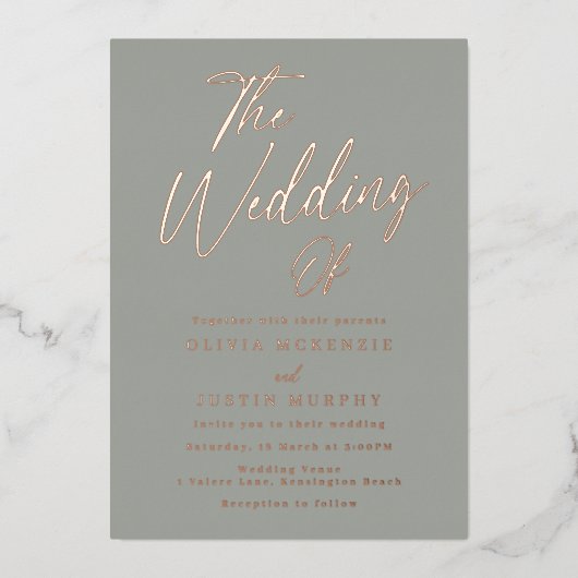 セージとバラモダン金ゴールド結婚の 箔招待状 (正面)