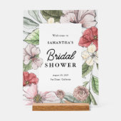 セージとピンクの花のブライダルシャワーの歓迎 アクリルサイン (正面)