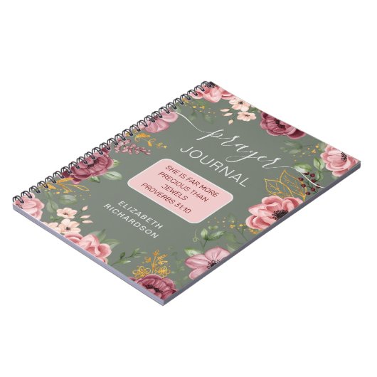 セージとピンクの花の祈りの言葉ジャーナルのノート ノートブック (左側)