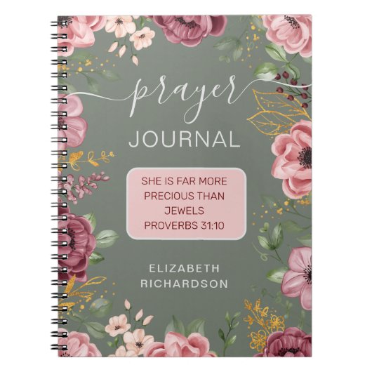 セージとピンクの花の祈りの言葉ジャーナルのノート ノートブック (正面)