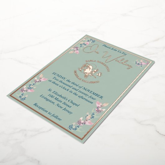 セージとピンク結婚フローラ 箔招待状 (回転した状態)