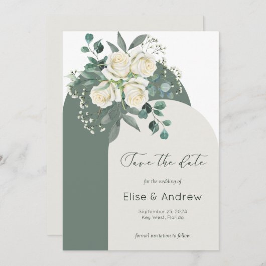 セージとホワイトローズのアー救チフレーム – ザ・デイト 招待状 (正面/裏面)