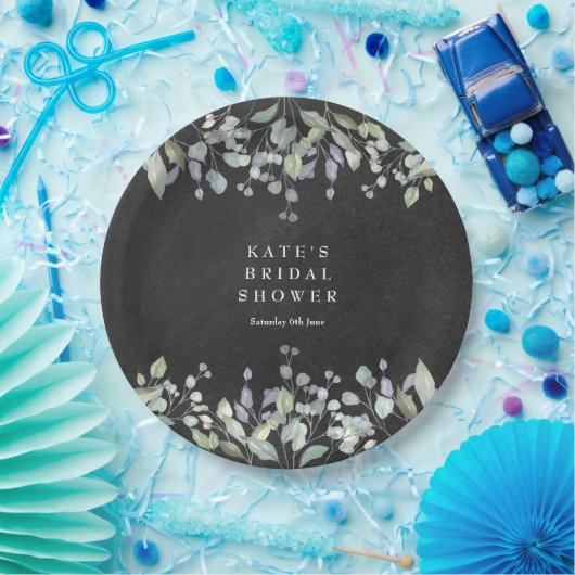 セージとライラックの花の黒板を使ったブライズシャワー ペーパープレート (パーティー)