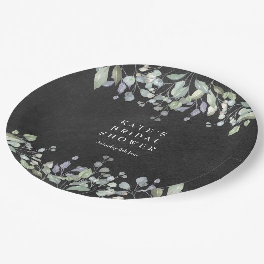 セージとライラックの花の黒板を使ったブライズシャワー ペーパープレート (アングル)