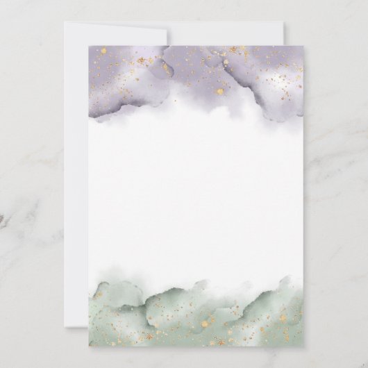 セージとラベンダーの水の色のジェンダーの明かす 招待状 (裏面)
