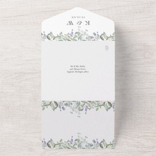 セージと薄紫の緑QRコードモノグラム結婚ズ オールインワン招待状 (外側)