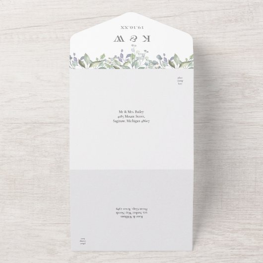 セージと薄紫フローラモノグラム結婚ズ オールインワン招待状 (外側)