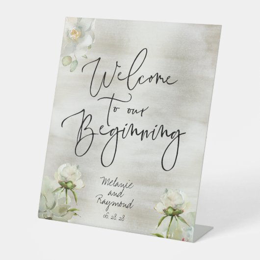 セージと金ゴールドのフローラは私たちの始まりへようこそ 台座サイン (正面)