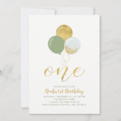 セージと金ゴールドバルーン |誕生日パーティー(1日) 招待状 (正面)