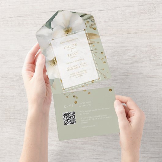 セージと金ゴールドフローラの葉の水の色結婚の オールインワン招待状 (貼ってはがせる)