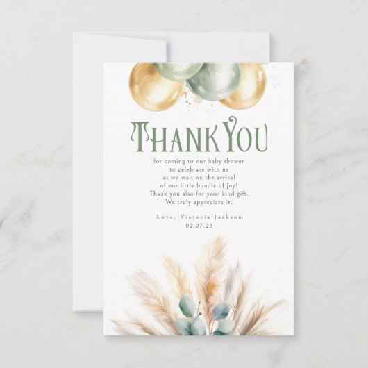 セージと金ゴールド赤ちゃんシャワー小さいありがとう サンキューカード (正面)