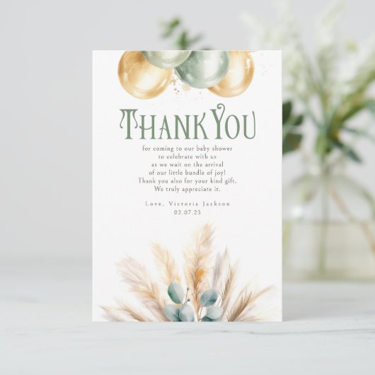 セージと金ゴールド赤ちゃんシャワー小さいありがとう サンキューカード (スタンド正面)