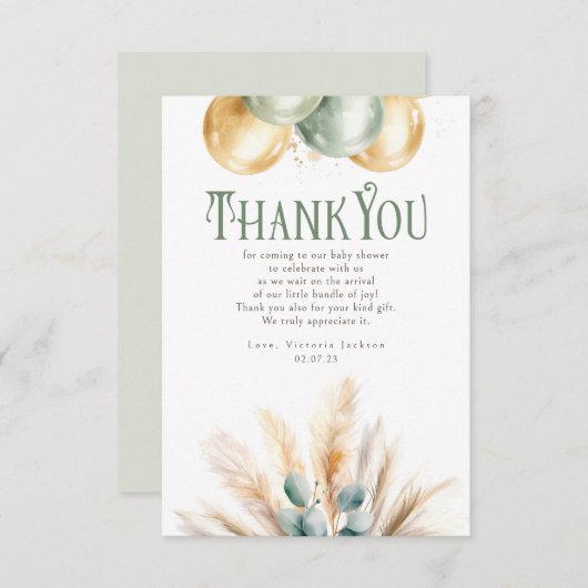 セージと金ゴールド赤ちゃんシャワー小さいありがとう サンキューカード (正面/裏面)