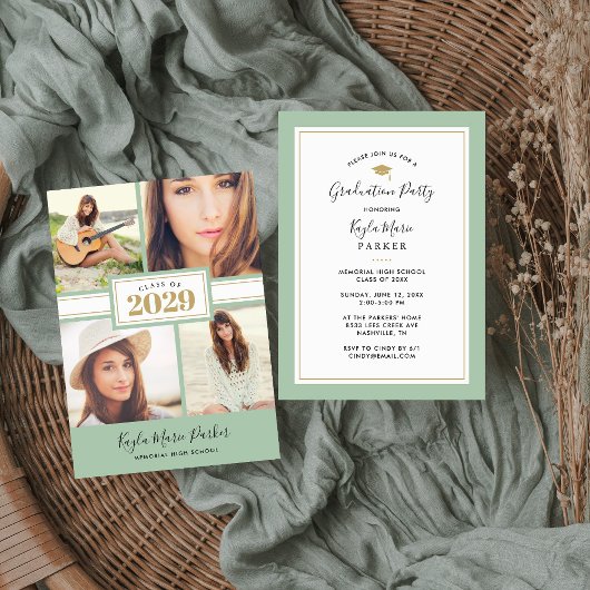 セージと金ゴールド | 4写真卒業招待状 案内状
