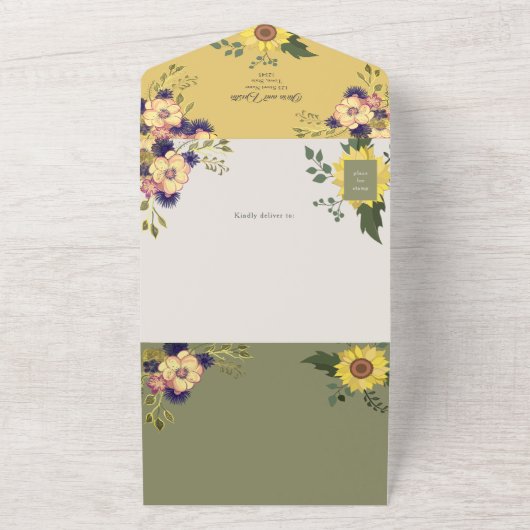 セージと黄色のひまわり結婚の花 オールインワン招待状 (外側)