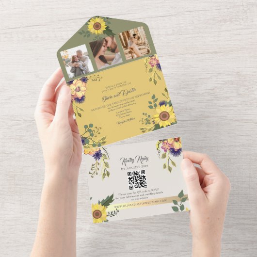 セージと黄色のひまわり結婚の花 オールインワン招待状 (貼ってはがせる)