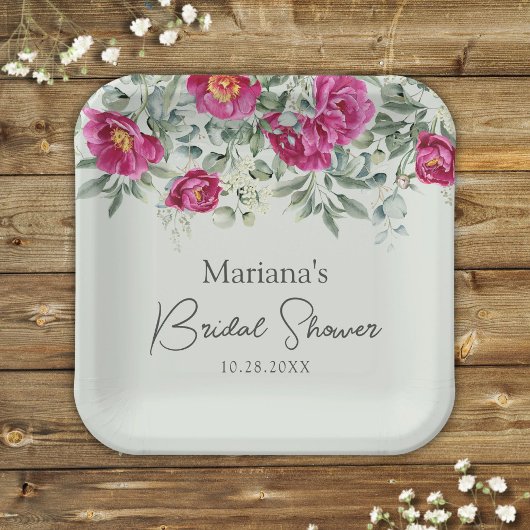 セージのグリーン ピンク フラワーのウェディング シャワー ペーパープレート