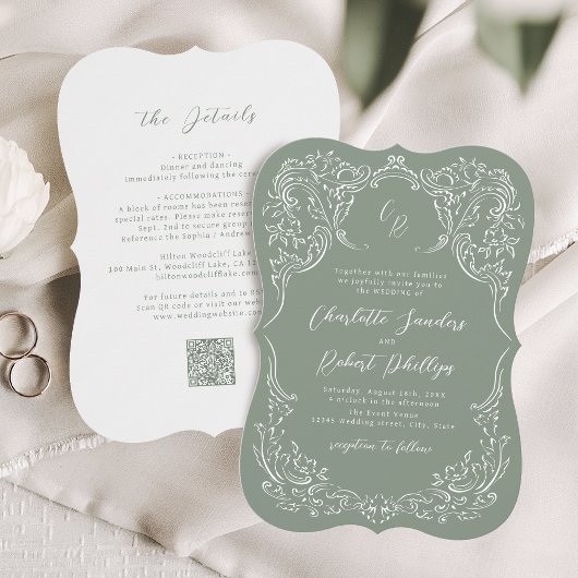 セージのスケッチヴィンテージフローリッシュモノグラム結婚ズ 招待状