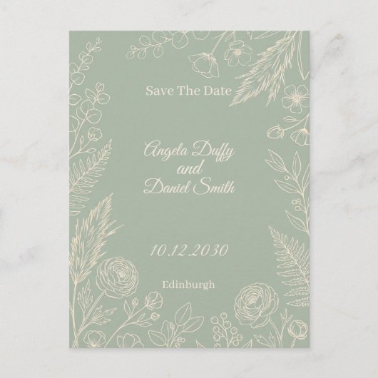 セージのラインアートフラワーの結婚式の予告 ポストカード (正面)