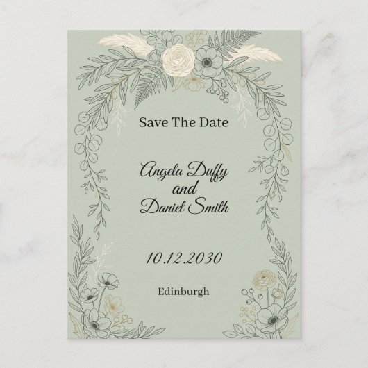 セージのラインアートフラワーのSave the Date ポストカード (正面)