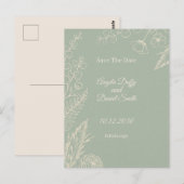 セージのラインアートフラワーモチーフの結婚式の事前お知らせ ポストカード (正面/裏面)