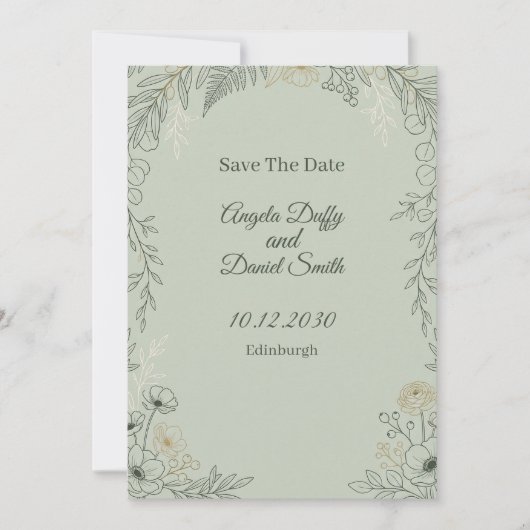 セージのラインアートフラワーモチーフの結婚式延期案内カード セーブザデート (正面)