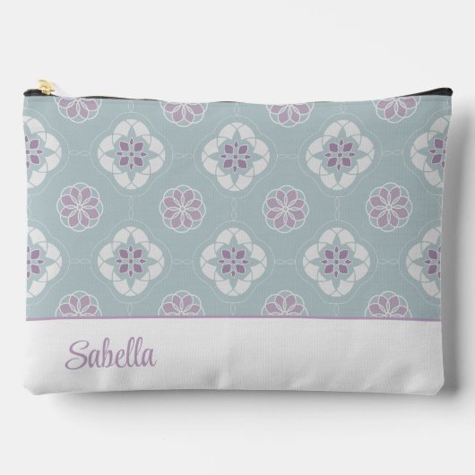 セージの対称ピンクの花タイル模様 アクセサリーポーチ (正面)