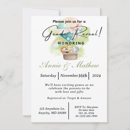 セージの性別発表！熱気球からの野生動物サファリ 招待状 (正面)