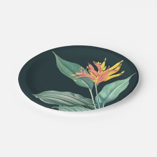 セージの葉とトロピカルフラワーが暗いターコイズブルーの背景 ペーパープレート (アングル)