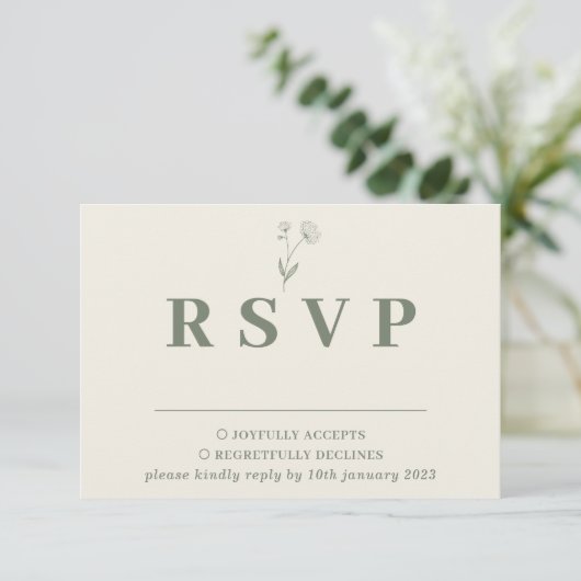 セージアイボリーベージュコットン結婚フローラの反応 出欠カード (スタンド正面)