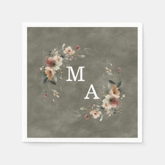 セージウィスパーグリーンフローラリース結婚ズモノグラム スタンダードカクテルナプキン (正面)