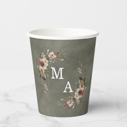 セージウィスパーグリーンフローラリース結婚ズモノグラム 紙コップ (正面)