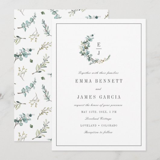 セージウォーターカラー ユーカリ ウェディングモノグラム 招待状 (正面/裏面)