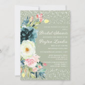 セージエメラルドグリーンピンククリームフローラブライダルシャワー 招待状 (正面)
