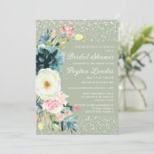 セージエメラルドグリーンピンククリームフローラブライダルシャワー 招待状 (スタンド正面)