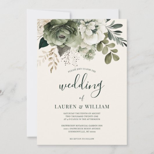 セージエレガントとアイボリーのフローラグ結婚レリー 招待状 (正面)